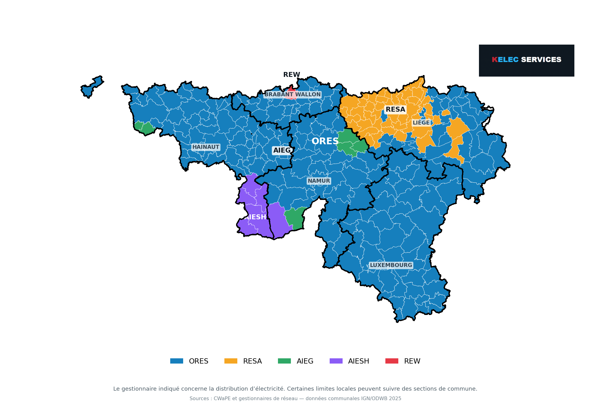 Carte des gestionnaires du réseau électrique en Wallonie par commune et par province