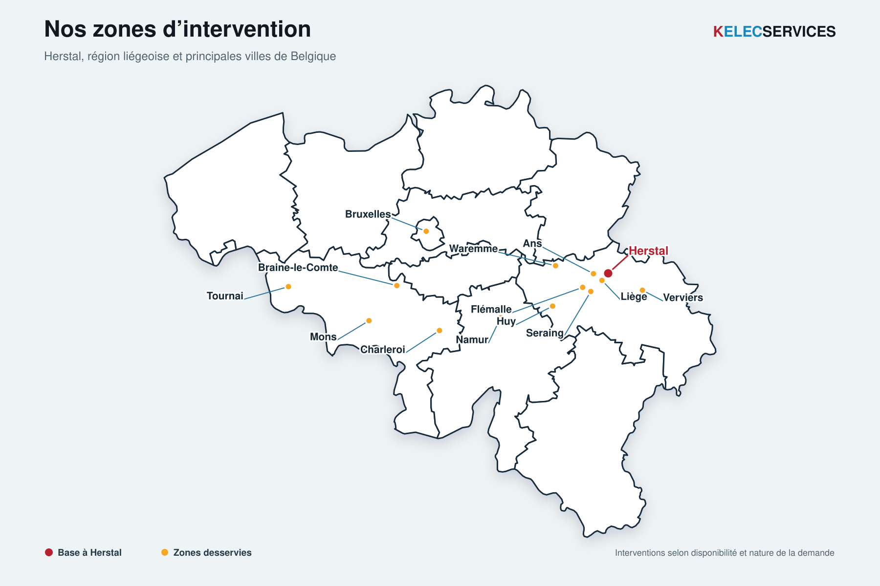 Carte des zones d’intervention de Kelec Services en Belgique, avec Herstal comme base