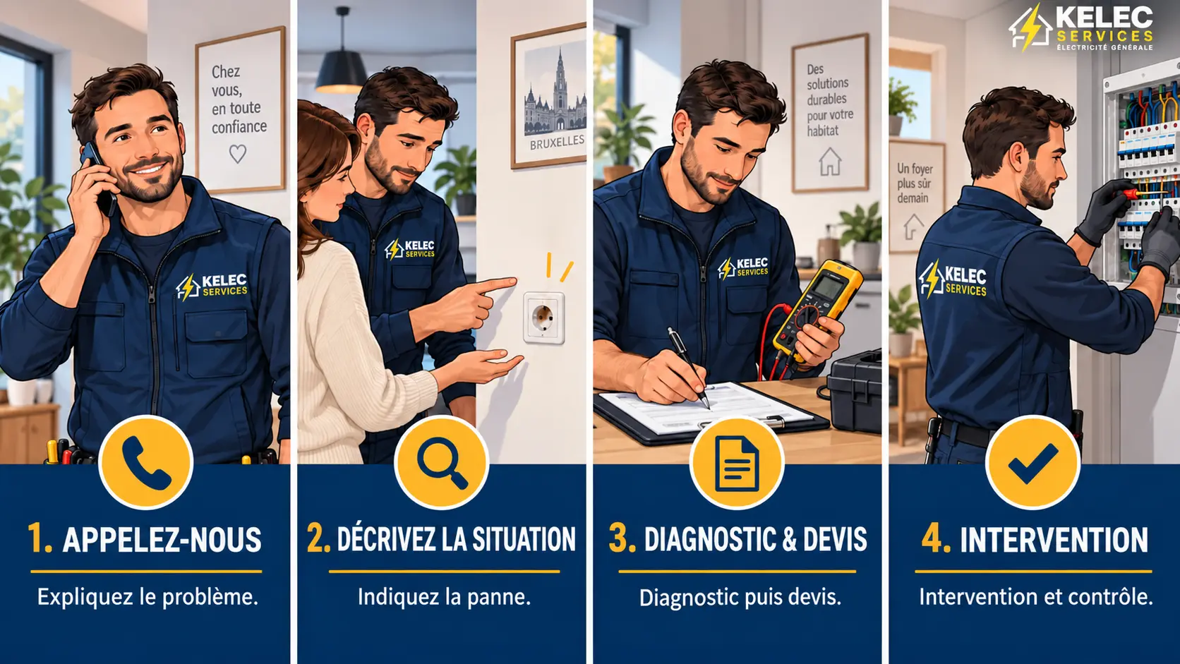 Les quatre étapes d’un dépannage Kelec Services : appel, description de la situation, diagnostic et devis, puis intervention